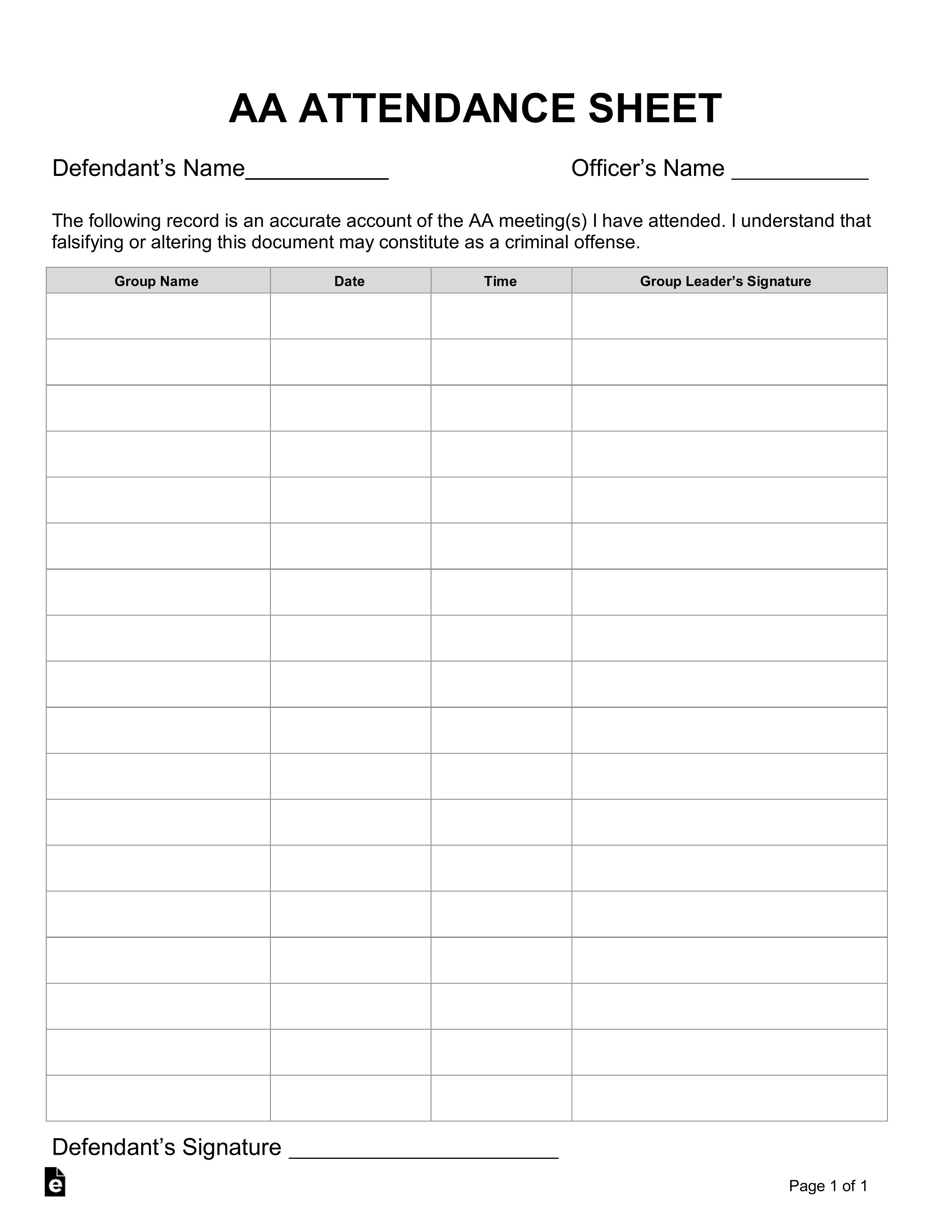 Alcoholics Anonymous (AA) Sign in/Attendance Sheet