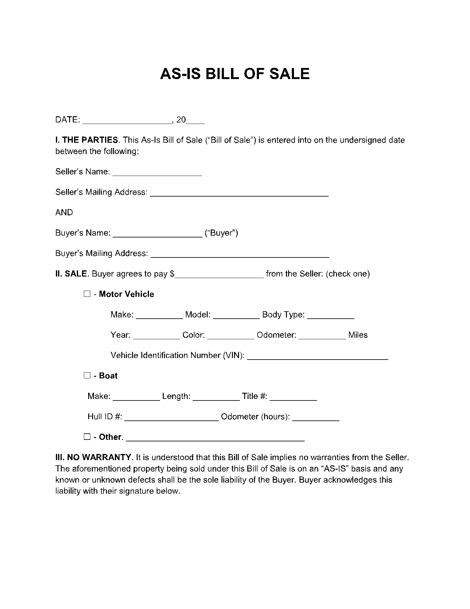 As-Is Bill of Sale Template