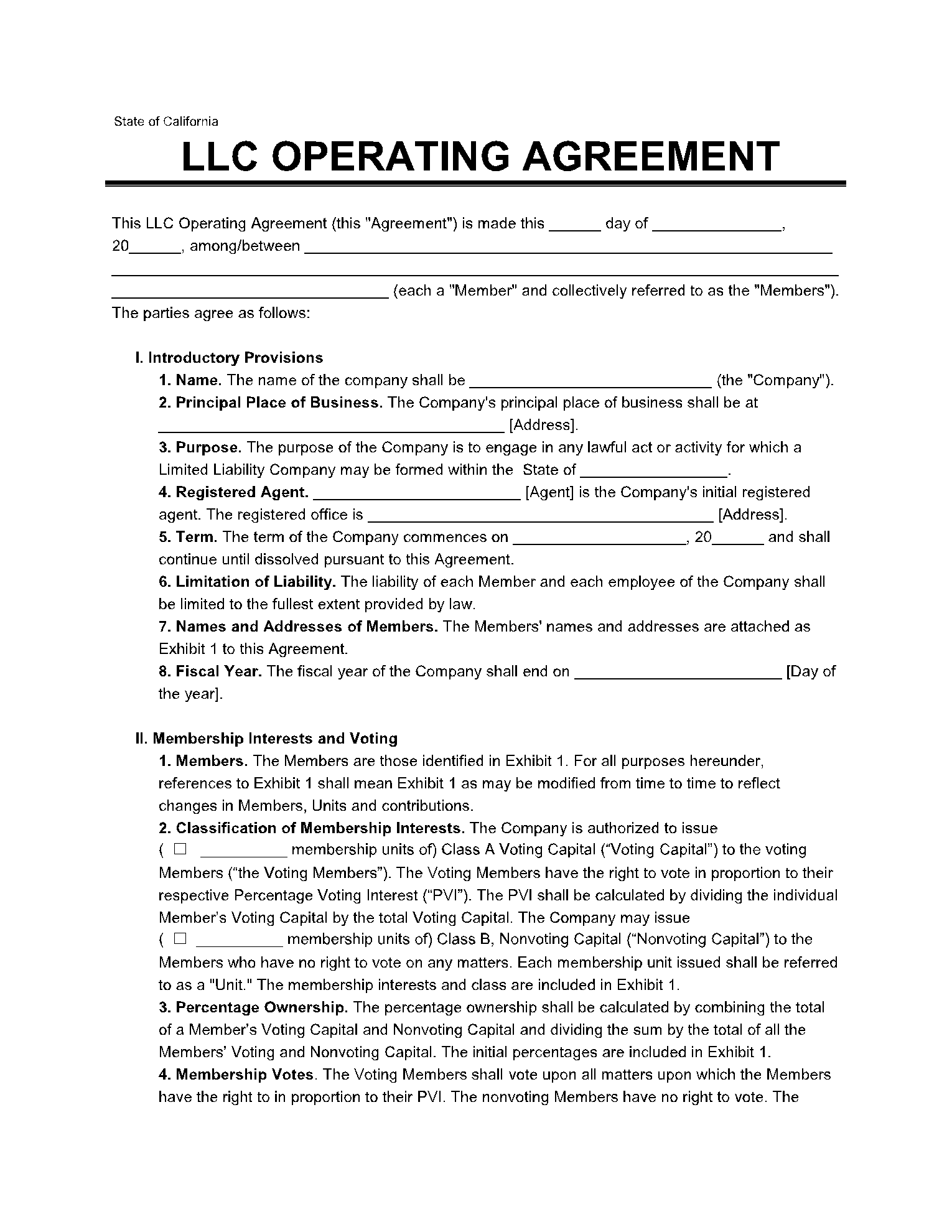 California LLC Operating Agreement