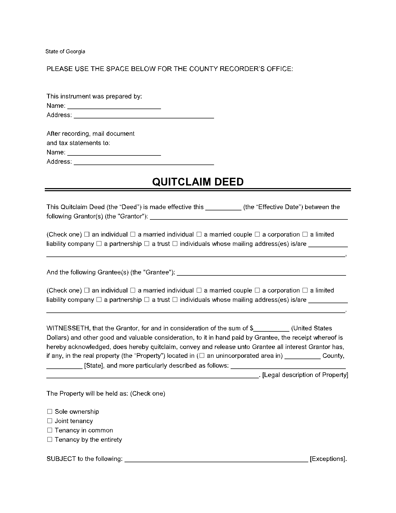 Georgia Quit Claim Deed Form Free Templates CocoDoc