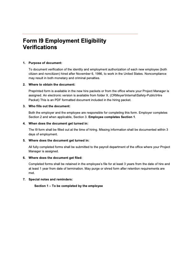 Form I-9 – Employment Eligibility Verification