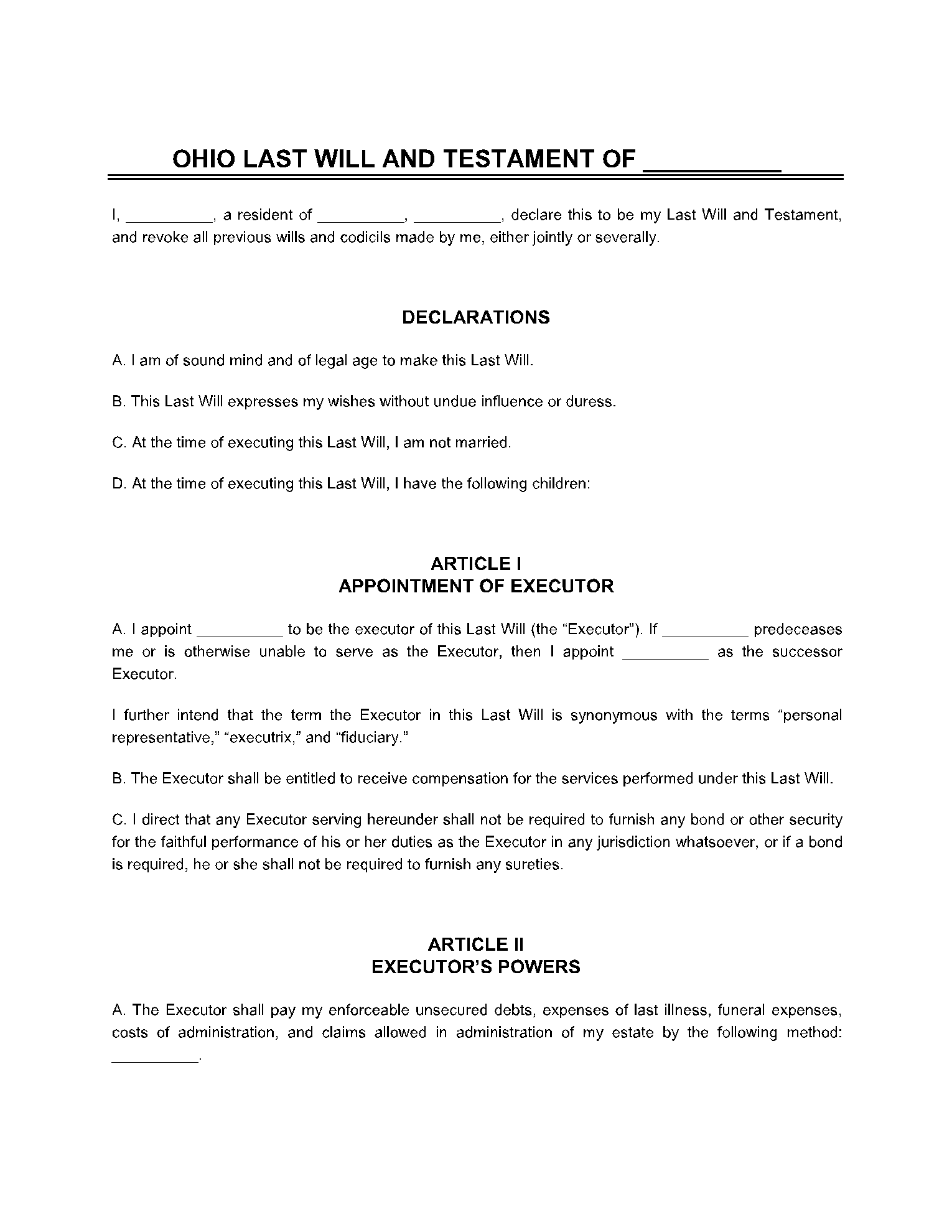 Free Ohio Last Will And Testament Templates