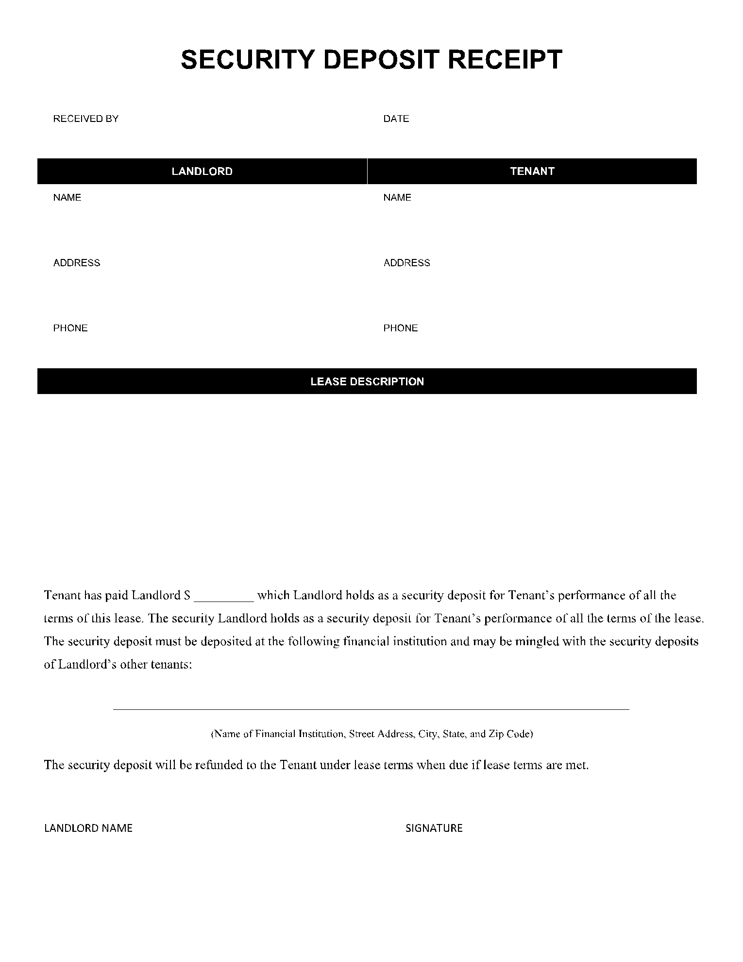 Printable Security Deposit Receipt Template