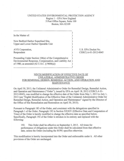 100173754-new-bedford-ninth-modification-of-effective-date-of-unilateral-administrative-order-uao-for-remedial-design-rd-remedial-action-ra-and-operation-and-maintenance-oampm-docket-no-cercla-01-2012-0045-transmittal-letter-attached