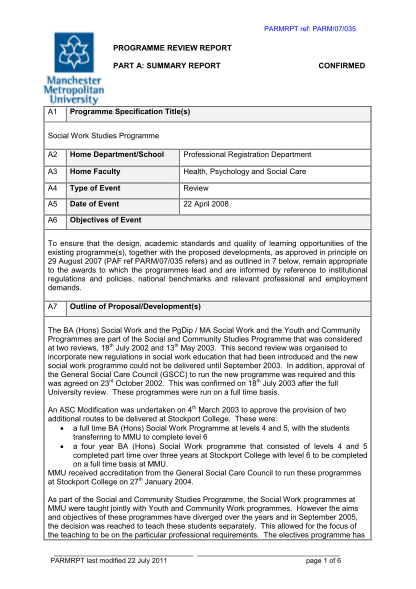 100903448-parmrpt-ref-parm07035-programme-review-report-part-a-summary-report-a1-confirmed-programme-specification-titles-social-work-studies-programme-a2-home-departmentschool-professional-registration-department-a3-home-faculty-health-mmu