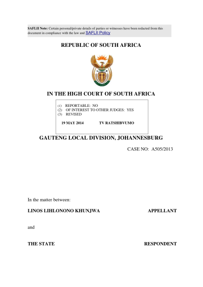 101519142-saflii-note-certain-personalprivate-details-of-parties-or-witnesses-have-been-redacted-from-this-document-in-compliance-with-the-law-and-saflii-policy-republic-of-south-africa-in-the-high-court-of-south-africa-1-2-3-reportable-no