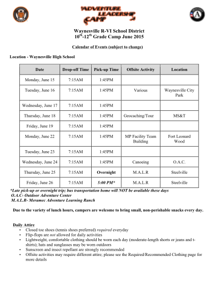 101970225-waynesville-rvi-school-district-10th12th-grade-camp-june-2015-calendar-of-events-subject-to-change-location-waynesville-high-school-date-dropoff-time-pickup-time-monday-june-15-715am-145pm-tuesday-june-16-715am-145pm-wednesday-june
