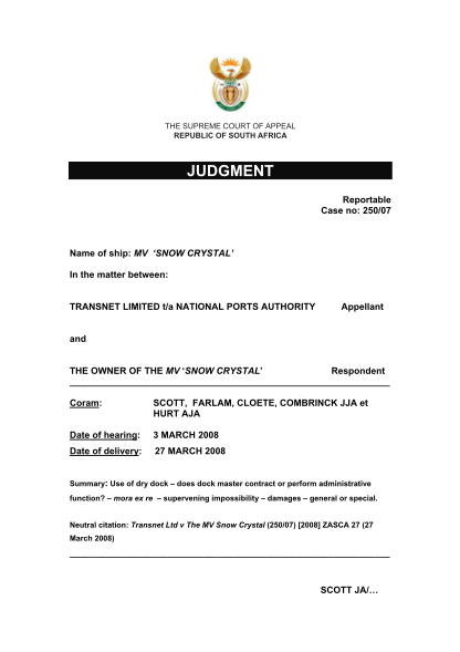 102200120-the-supreme-court-of-appeal-republic-of-south-africa-judgment-reportable-case-no-25007-name-of-ship-mv-snow-crystal-in-the-matter-between-transnet-limited-ta-national-ports-authority-appellant-and-the-owner-of-the-mv-snow-crystal