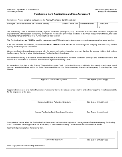 103104356-wisconsin-department-of-administration-division-of-agency-services-bureau-of-procurement-doa3584-r121999-purchasing-card-application-and-use-agreement-instructions-please-complete-and-submit-to-the-agency-purchasing-card-coordinator