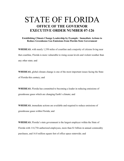 106320077-state-of-florida-office-of-the-governor-executive-order-number-07126-establishing-climate-change-leadership-by-example-immediate-actions-to-reduce-greenhouse-gas-emissions-from-florida-state-government-whereas-with-nearly-1350-miles-o