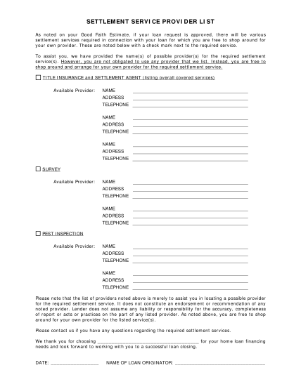 Settlement Service Provider List Fillable Form - Printable Forms Free ...