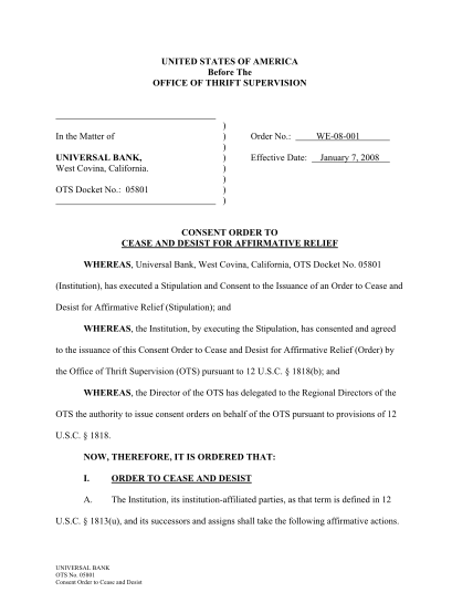 111413197-consent-order-to-cease-and-desist-for-affirmative-relief-universal-bank-west-covina-ca-dkt-no-05801-order-no-we-08-001-dated-january-7-2008-consent-order-to-cease-and-desist-for-affirmative-relief-universal-bank-west-covina-ca-dkt-no