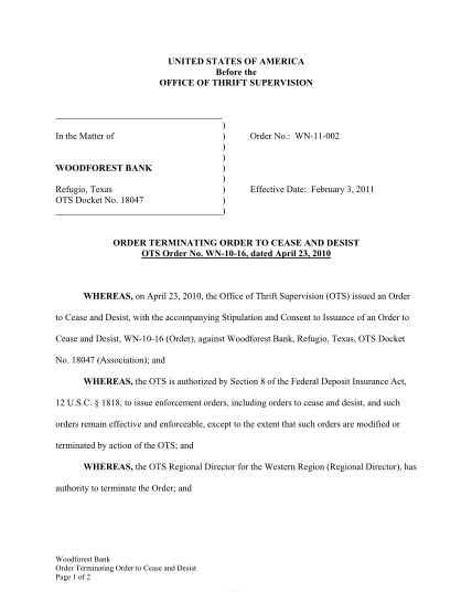 111622995-order-to-terminate-order-to-cease-and-desist-woodforest-bank-refugio-texas-18047-wn-11-002-february-3-2011-order-to-terminate-order-to-cease-and-desist-woodforest-bank-refugio-texas-18047-wn-11-002-february-3-2011-occ