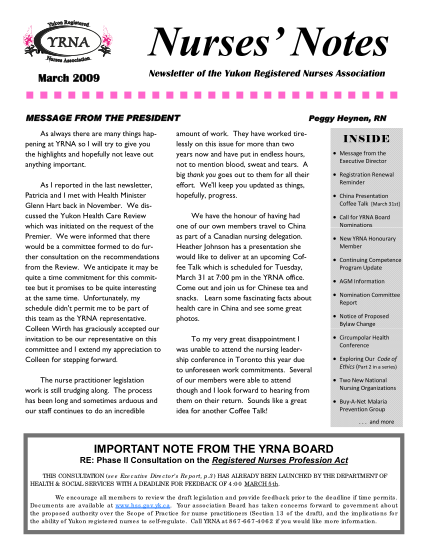 115956536-nurses-notes-june-2007-march-2009-newsletter-of-the-yukon-registered-nurses-association-message-from-the-president-as-always-there-are-many-things-happening-at-yrna-so-i-will-try-to-give-you-the-highlights-and-hopefully-not-leave-out