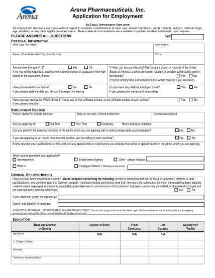 1165995-arena_employmen-t_application_f-orm_090810-employment-application-form-pdf----arena-pharmaceuticals-inc-various-fillable-forms