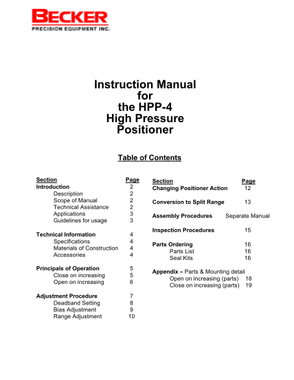 118538330-instruction-manual-for-the-hpp4-high-pressure-positioner-table-of-contents-section-introduction-description-scope-of-manual-technical-assistance-applications-guidelines-for-usage-page-2-2-2-2-3-3-technical-information-specifications