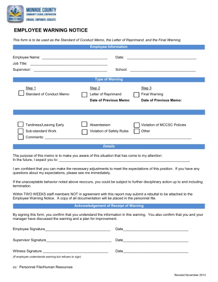 printable employee warning form