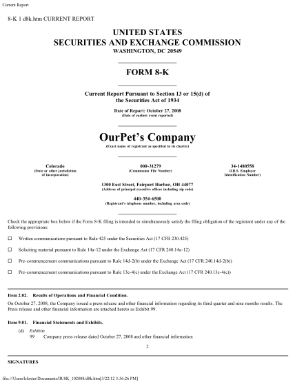 119828033-on-october-27-2008-the-company-issued-a-press-release-and-other-financial-information-regarding-its-third-quarter-and-nine-months-results