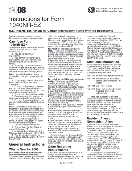 12891808-i1040nre-2008-2008-instruction-1040-nr-ez-instructions-for-form-1040-nr-ez-us-nonresident-alien-income-tax-return-for-certain-single-filers-various-fillable-forms-irs