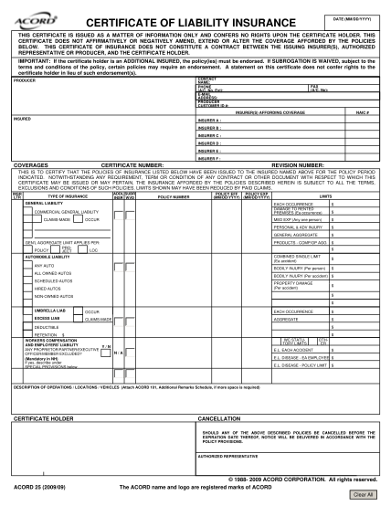 Free Printable Acord 25 Form