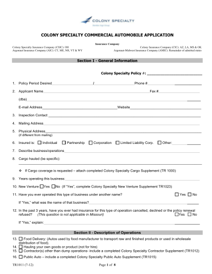 129121910-fillable-colony-specialty-commercial-automobile-application-form