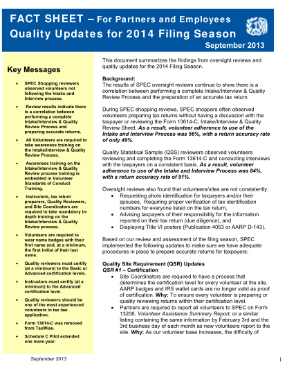 129397318-fact-sheet-for-partners-and-employees-quality-updates-for-2014-filing-season-september-2013-key-messages-spec-shopping-reviewers-observed-volunteers-not-following-the-intake-and-interview-process-irs