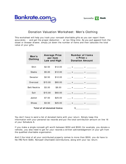 Clothing Donation Tax Deduction Worksheets