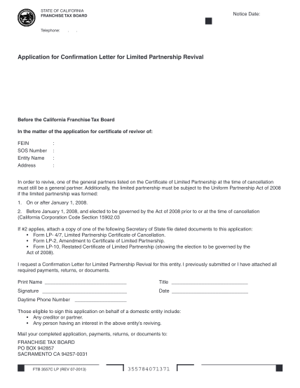 129485854-ftb-3557c-lp-pc-rev-07-2013-application-for-certificate-letter-for-limited-partnership-revival-application-for-certificate-letter-for-limited-partnership-revival-ftb-ca