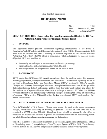 129646910-ca-boe-iris-changes-for-rupa-oic-innocent-spouse-relief-operations-memo-1120-boe-iris-changes-for-partnership-accounts-affected-by-rupa-offers-in-compromise-or-innocent-spouse-relief-boe-ca