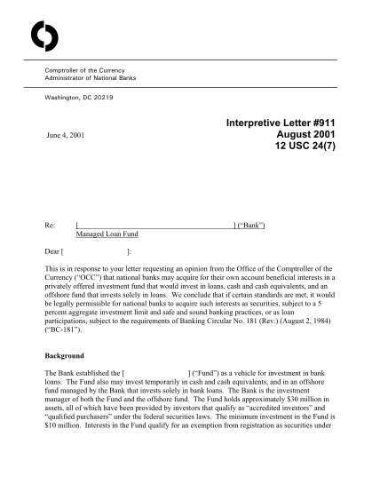 129720130-occ-interpretive-letter-no-911-office-of-the-comptroller-of-the-occ