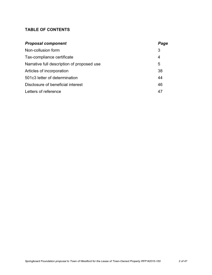 130033740-table-of-contents-proposal-component-page-non-collusion-westfordma