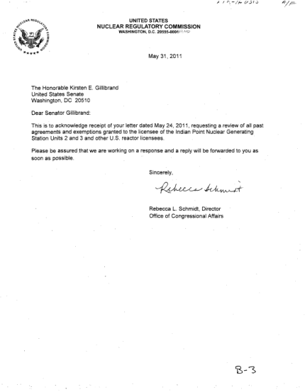 130061869-acknowledgement-letter-to-honorable-kirsten-e-gillibrand-us-senate-requesting-a-review-of-all-past-agreements-and-exemptions-granted-to-the-licensee-of-the-indian-point-nuclear-generating-stations-nrc
