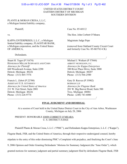 130061904-505cv60112jcosdp-doc-38-filed-072806-pg-1-of-3-pg-id-462-united-states-district-court-eastern-district-of-michigan-southern-division-plante-ampamp-gpo