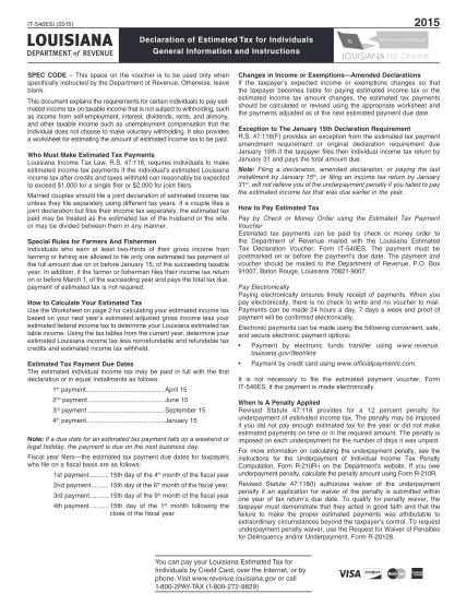 130134034-2015-it540esi-2015-declaration-of-estimated-tax-for-individuals-general-information-and-instructions-spec-code-this-space-on-the-voucher-is-to-be-used-only-when-specifically-instructed-by-the-department-of-revenue-revenue-louisiana