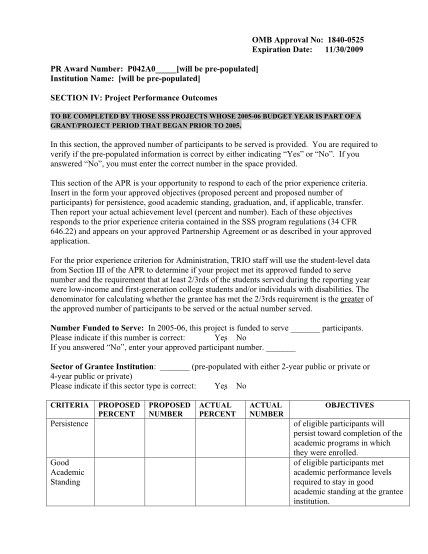 13198504-omb-approval-no-1840-0525-expiration-date-11302009-pr-award-number-p042a0-will-be-pre-populated-institution-name-will-be-pre-populated-section-iv-project-performance-outcomes-to-be-completed-by-those-sss-projects-whose-2005-06-budget