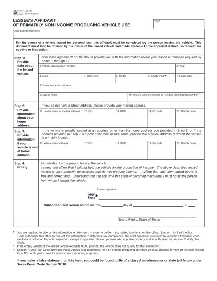 1324898-form50-285primarilynon-incomeproducing-vehicleuse-50-285-lessees-affidavit-of-primary-non-income-producing-vehicle-various-fillable-forms-wcad