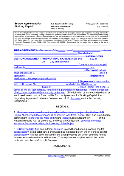 13464021-1-escrow-agreement-for-working-capital-this-agreement-hud-hud