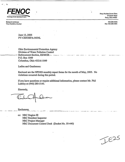 13618898-may-2005-npdes-monthly-report-for-perry-nuclear-power-plant-pbadupws-nrc