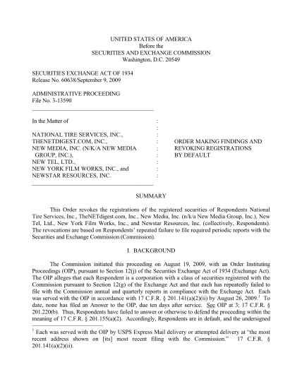 13728970-national-tire-services-inc-thenetdigestcom-inc-new-media-inc-nka-new-media-group-inc-new-tel-ltd-new-york-film-works-inc-and-newstar-resources-inc-order-making-findings-and-revoking-registrations-by-default-sec