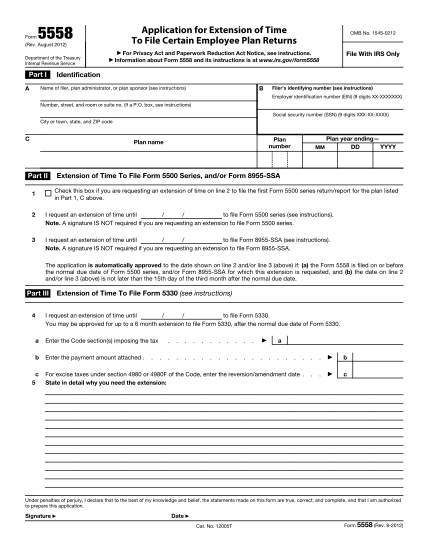 13943350-form-5558-rev-august-2012-application-for-extension-of-time-to-file-certain-employee-plan-returns-irs-ustreas