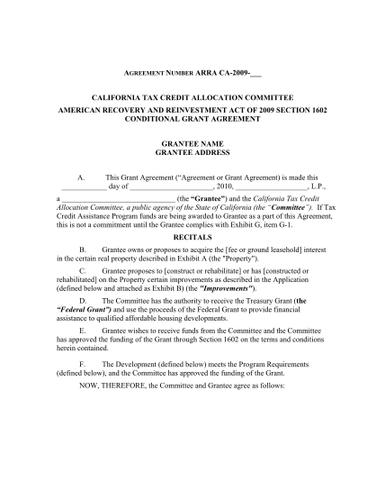 14116658-conditional-grant-agreement-american-recovery-and-reinvestment-act-of-2009-section-1602-conditional-grant-agreement-treasurer-ca