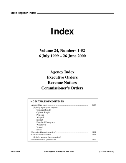 14610318-state-register-index-index-volume-24-numbers-1-52-6-july-1999-26-june-2000-agency-index-executive-orders-revenue-notices-commissioners-orders-index-table-of-contents-agency-rule-index-comm-media-state-mn