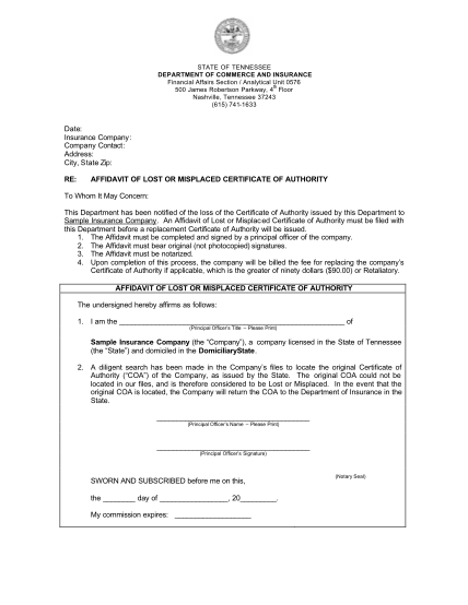 14640015-fillable-affidavit-of-lost-or-misplaced-certificate-of-authority-form-tennessee