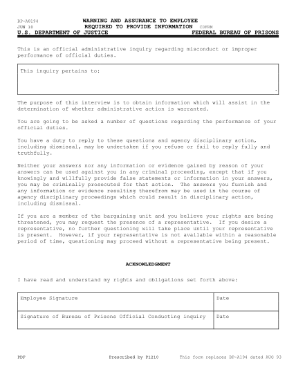 14764885-form-bp-a194012-warning-and-assurance-to-employee-required-bop