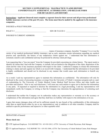 15343096-section-11-supplemental-malpractice-claims-history-confidentiality-agreement-authorization-and-release-form-for-detailed-claim-history-instructions-applicant-insured-must-complete-a-separate-form-for-their-current-and-all-previous