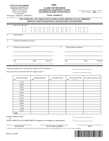 154010-fillable-form-1049w99701-claim-for-revision-monthlyquarterly-withholding-revenue-delaware