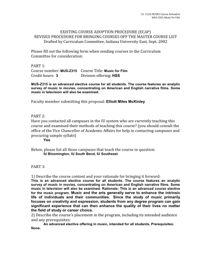 15920478-e122-09-mci-course-activation-mus-z315-music-for-film-existing-course-adoption-procedure-ecap-revised-procedure-for-bringing-courses-off-the-master-course-list-drafted-by-curriculum-committee-indiana-university-east-sept-iue