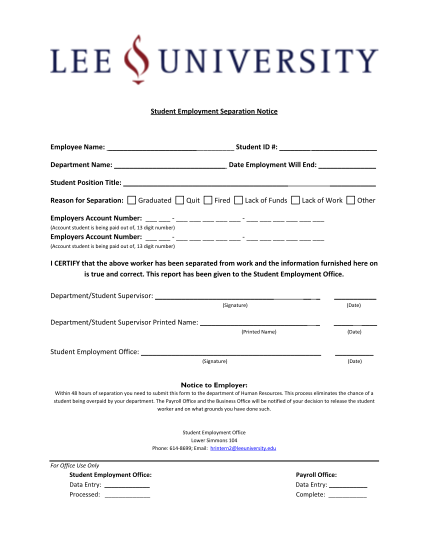 15975056-student-emolvment-separation-notice-employee-lee-university