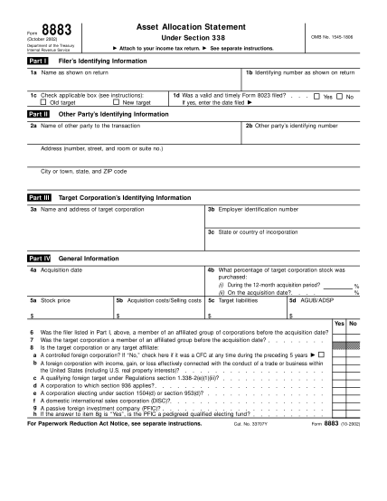 1655744-f8883-form-8883-rev-october-2002-fill-in-capable-asset-allocation-statement-under-section-338-irs-tax-forms--2007
