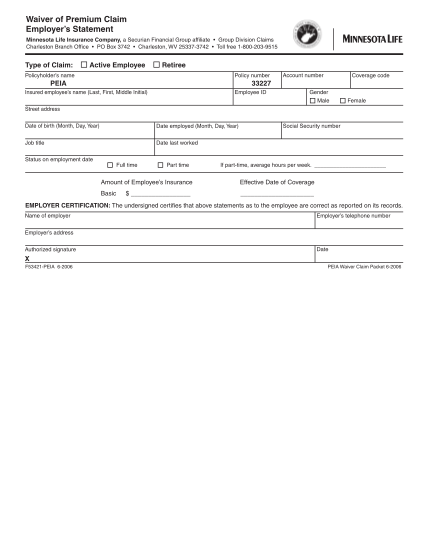 172310-wavier_of_premi-um_forms-waiver-of-premium-form--wv-public-employees-insurance-agency-state-west-virginia-peia-wv